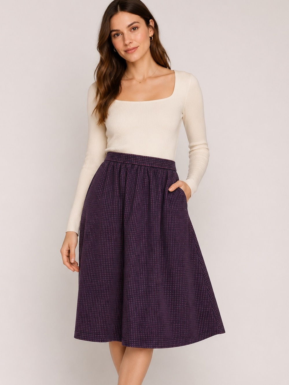 Vintage Fuscia Pink & Navy Narrow Check Tweed Knit A-Line Wool Skirt